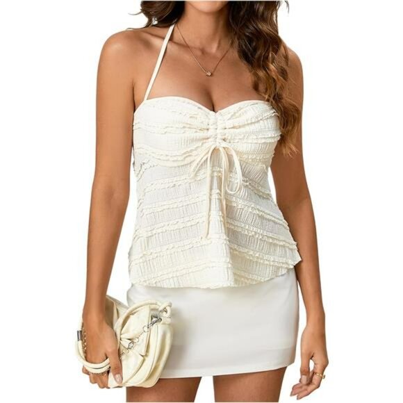 Womens Y2K Peplum Halter Crop Top Ruched Tie Front Spaghetti Strap Cami - Picture 2 of 6